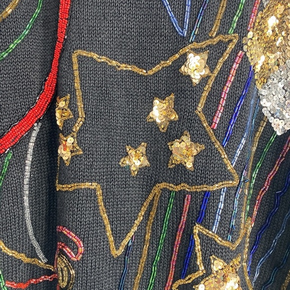 Vtg Sequin Beaded Star Print Sweater Rainbow Waves Medium Made in Hong Kong - Picture 4 of 16